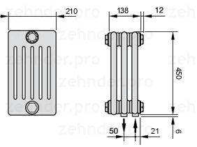 Схема (чертеж) Радиатор Zehnder Charleston 6045/3 №5510 Белый глянцевый RAL 9016
